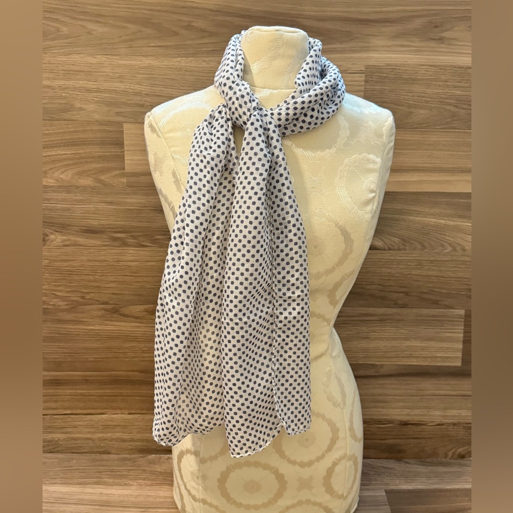 Silk Long Polka Dots Navy White Scarf Neiman Marcus 58 1/2”x 14 1/2”